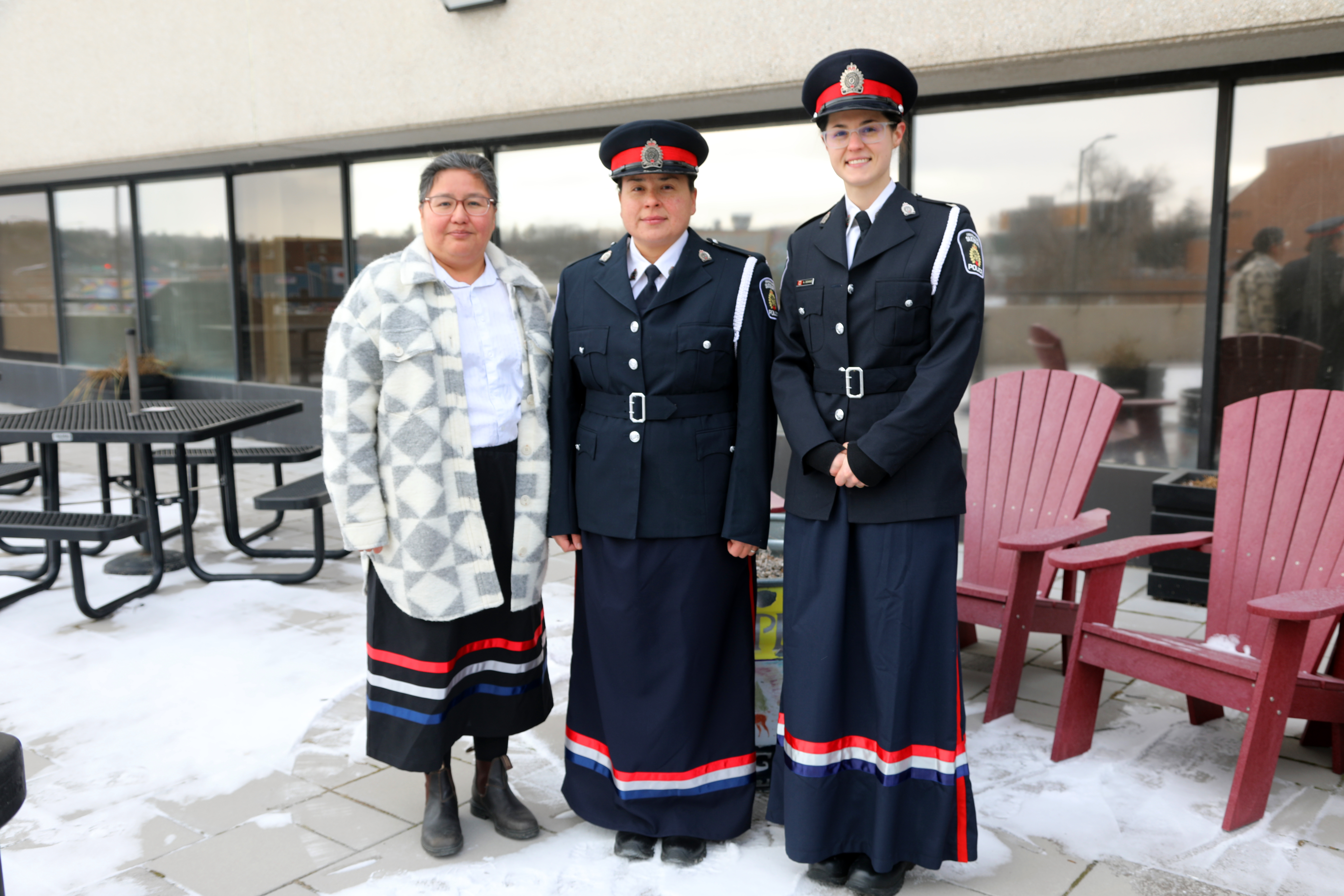 Indigenous GSPS members wearing ribbon skirts three women wearing ribbon skirts