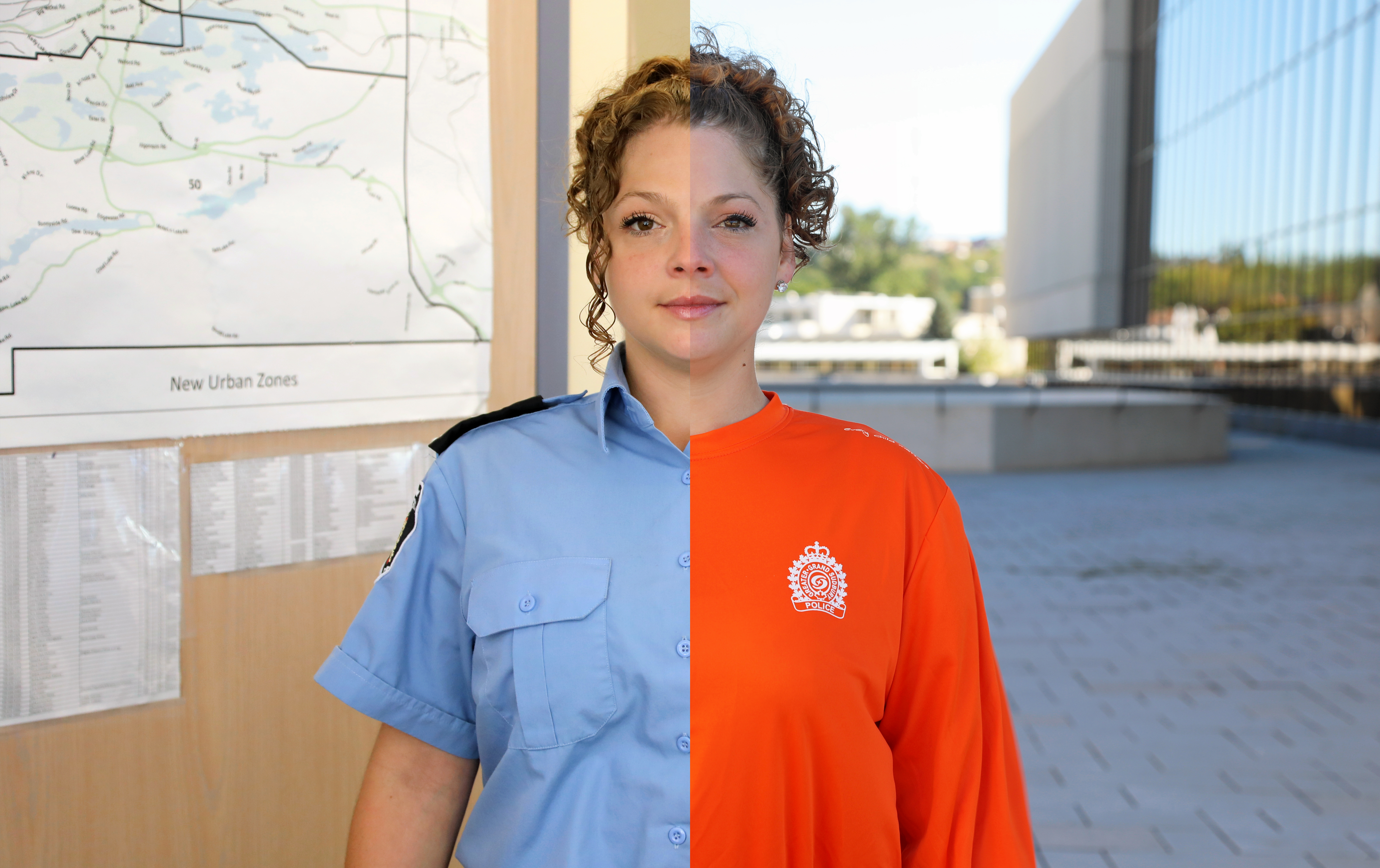 Catrina Miller woman wearing half blue uniform and half orange shirt