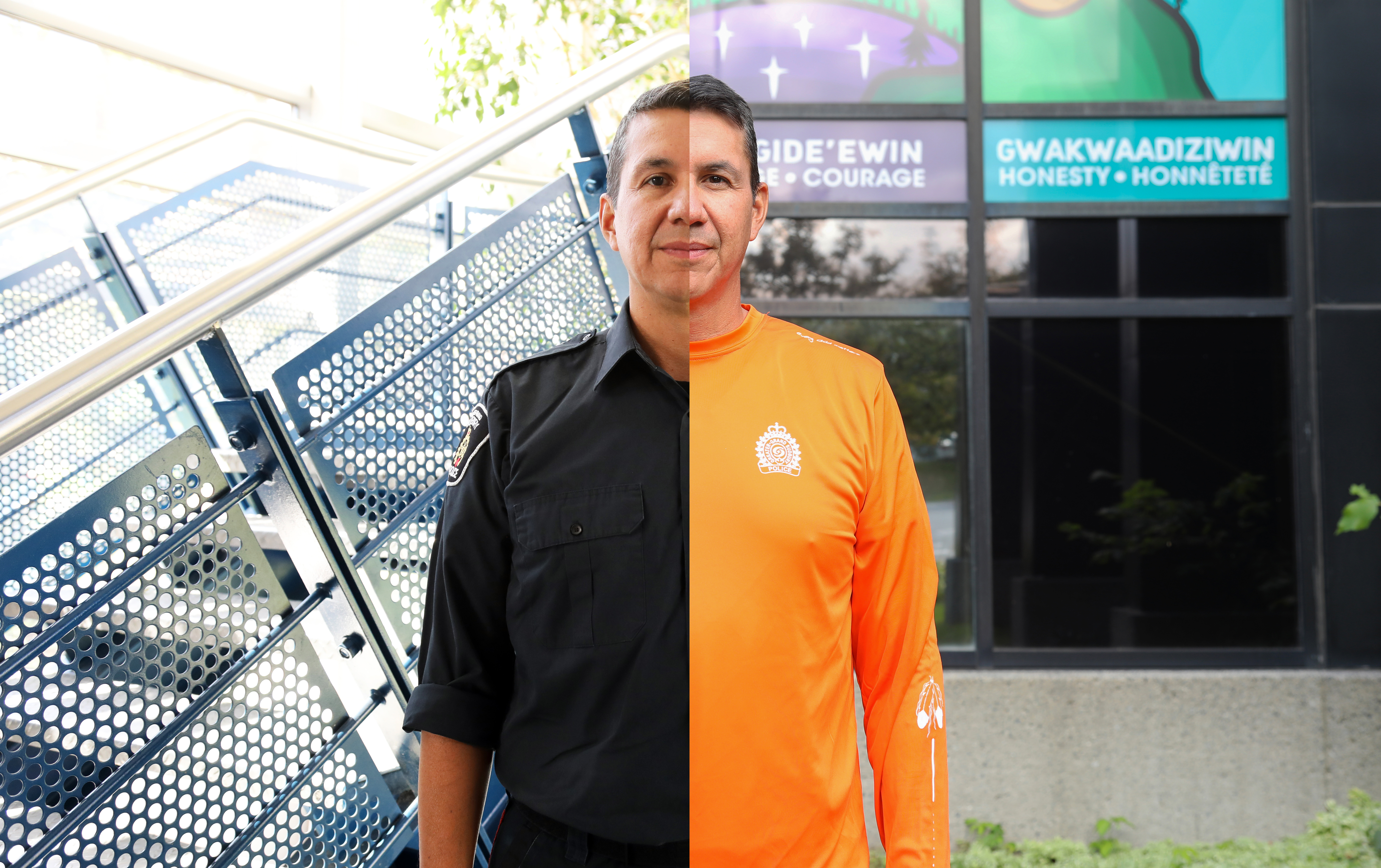 Cst Darrell Rivers police officer half in uniform half in orange shirt