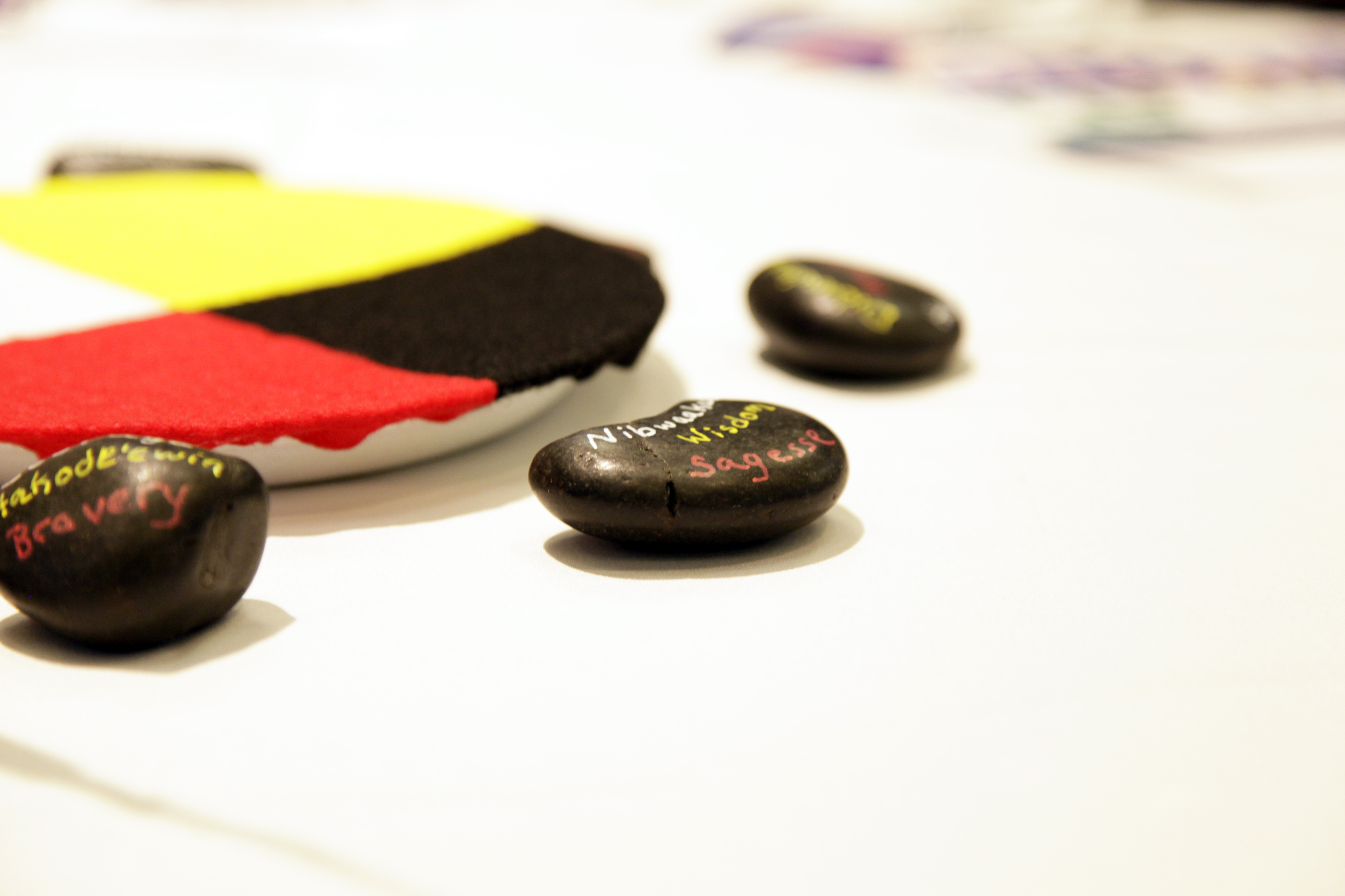 Indigenous painted stones painted stones with words on a table