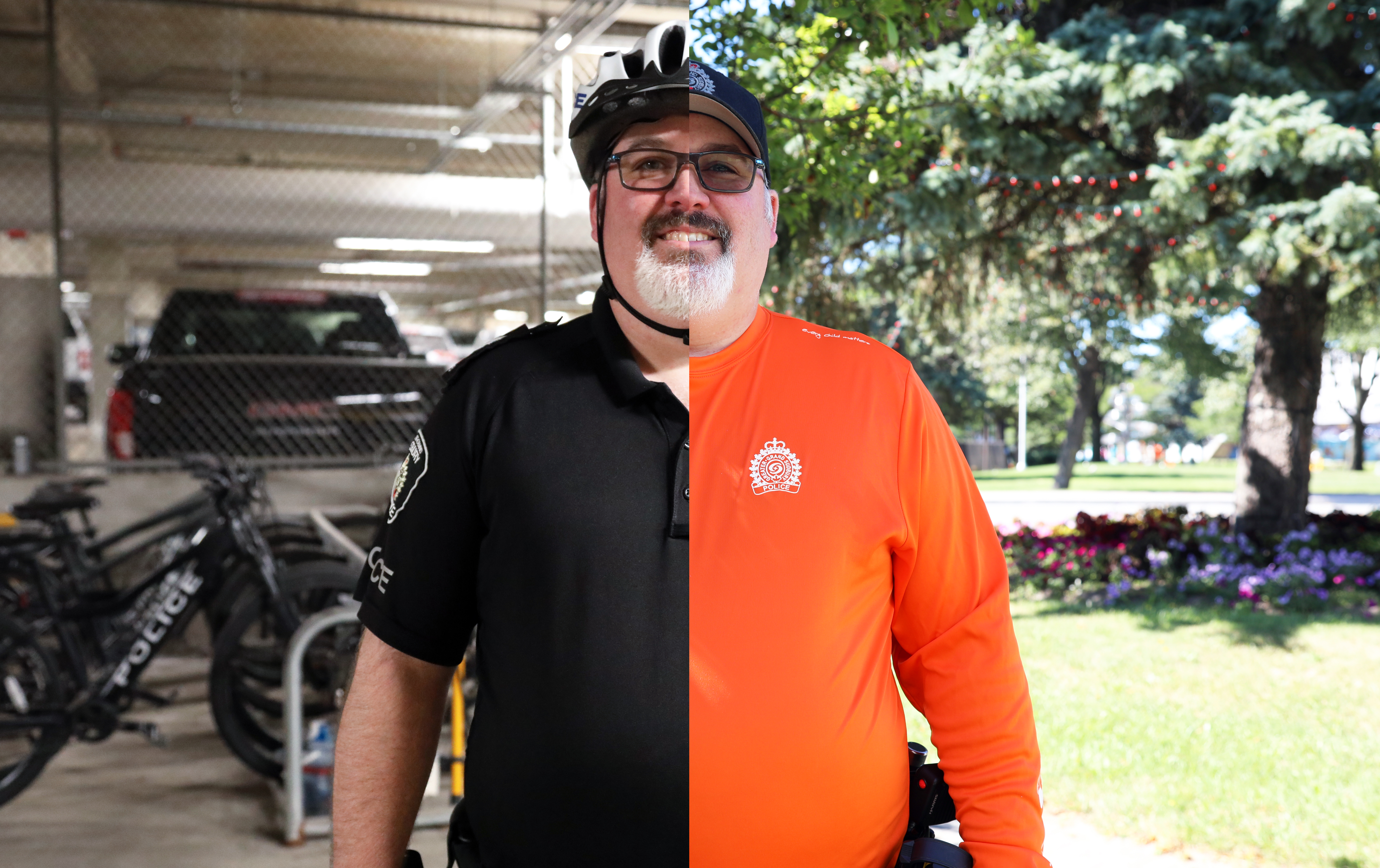 Sergeant Matt Hall police officer half in uniform half in orange shirt