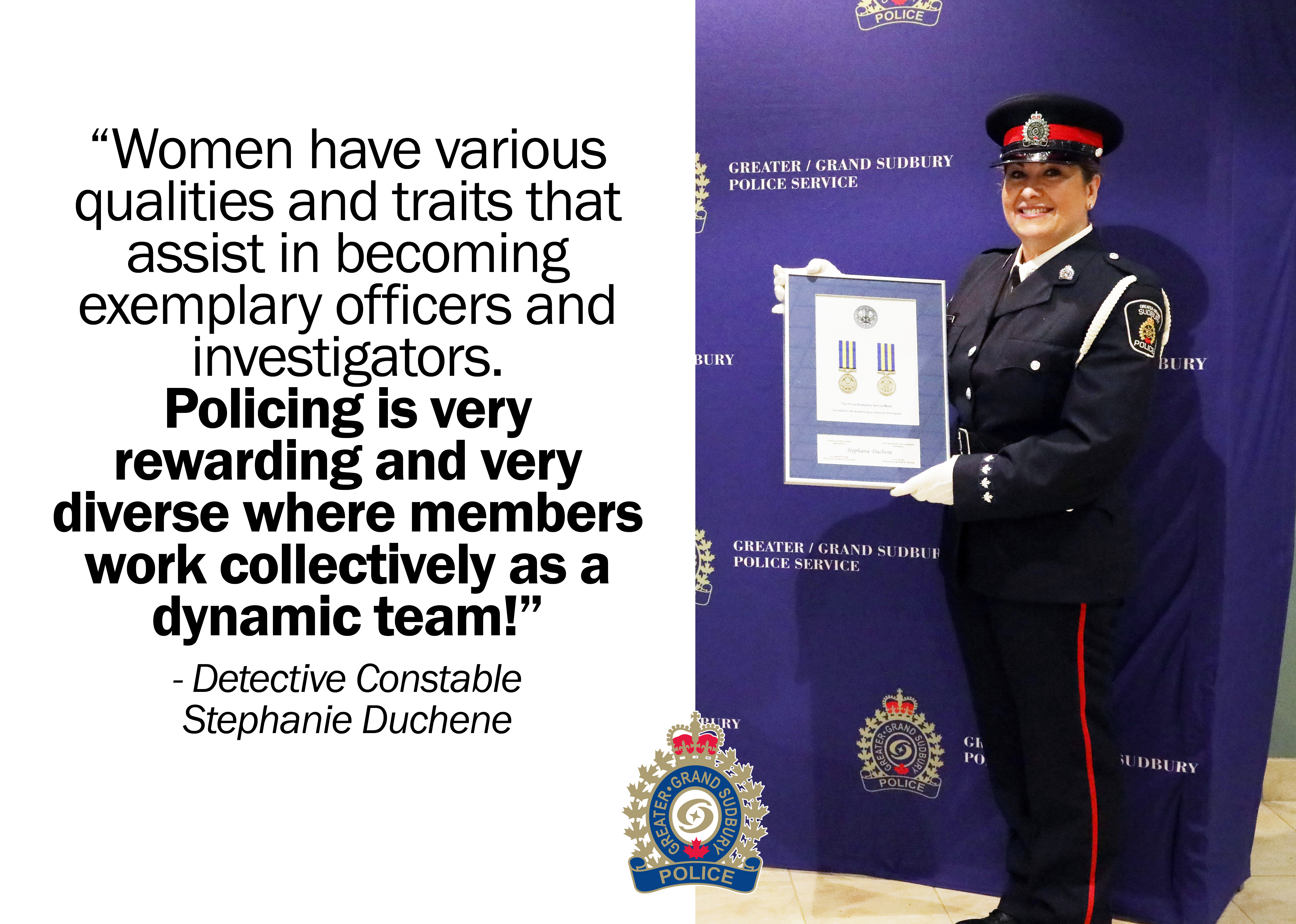 Detective Constable Stephanie Duchene detective standing with her medals