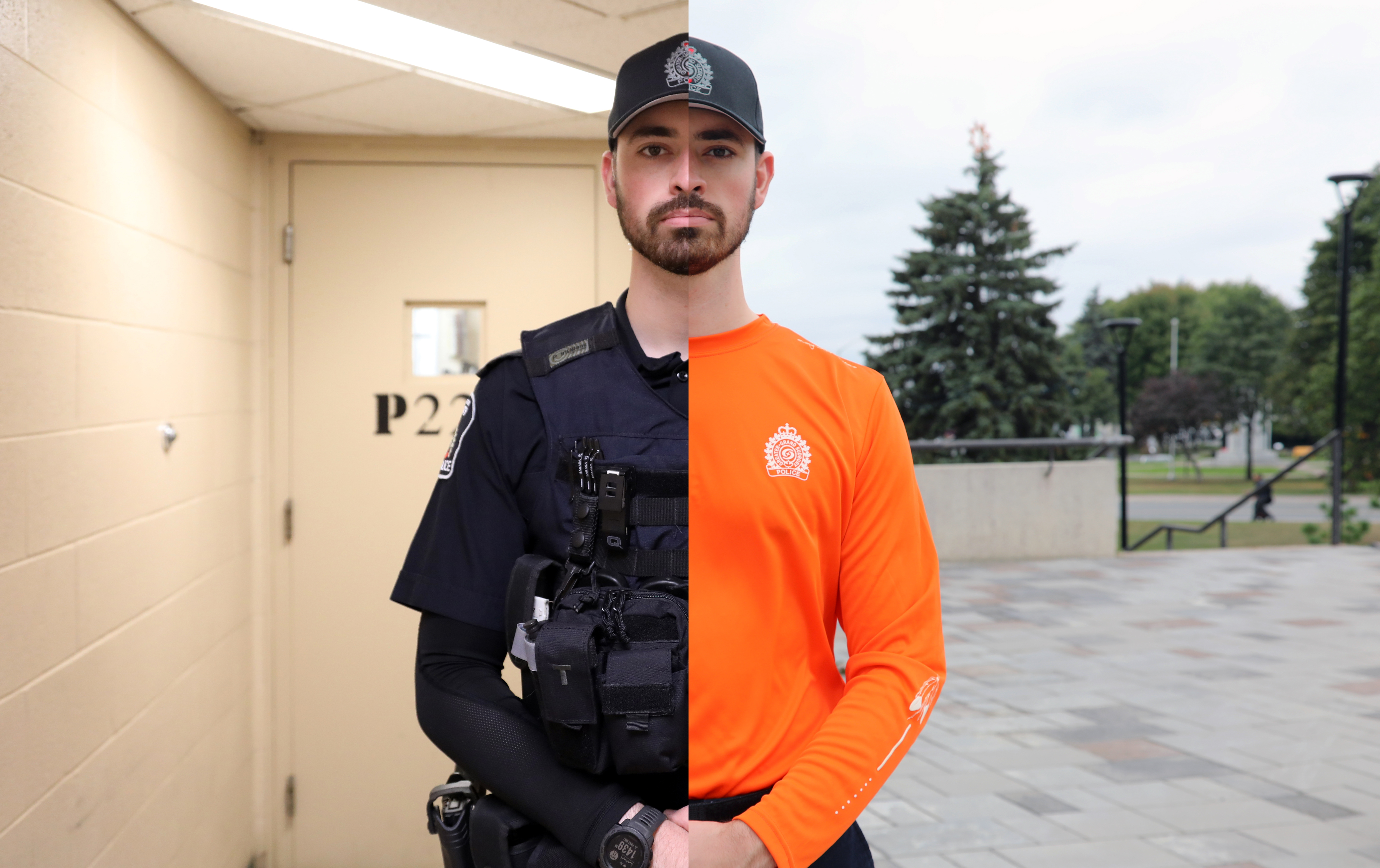 Cst. Kevin Powell Police officer half in uniform half in orange shirt